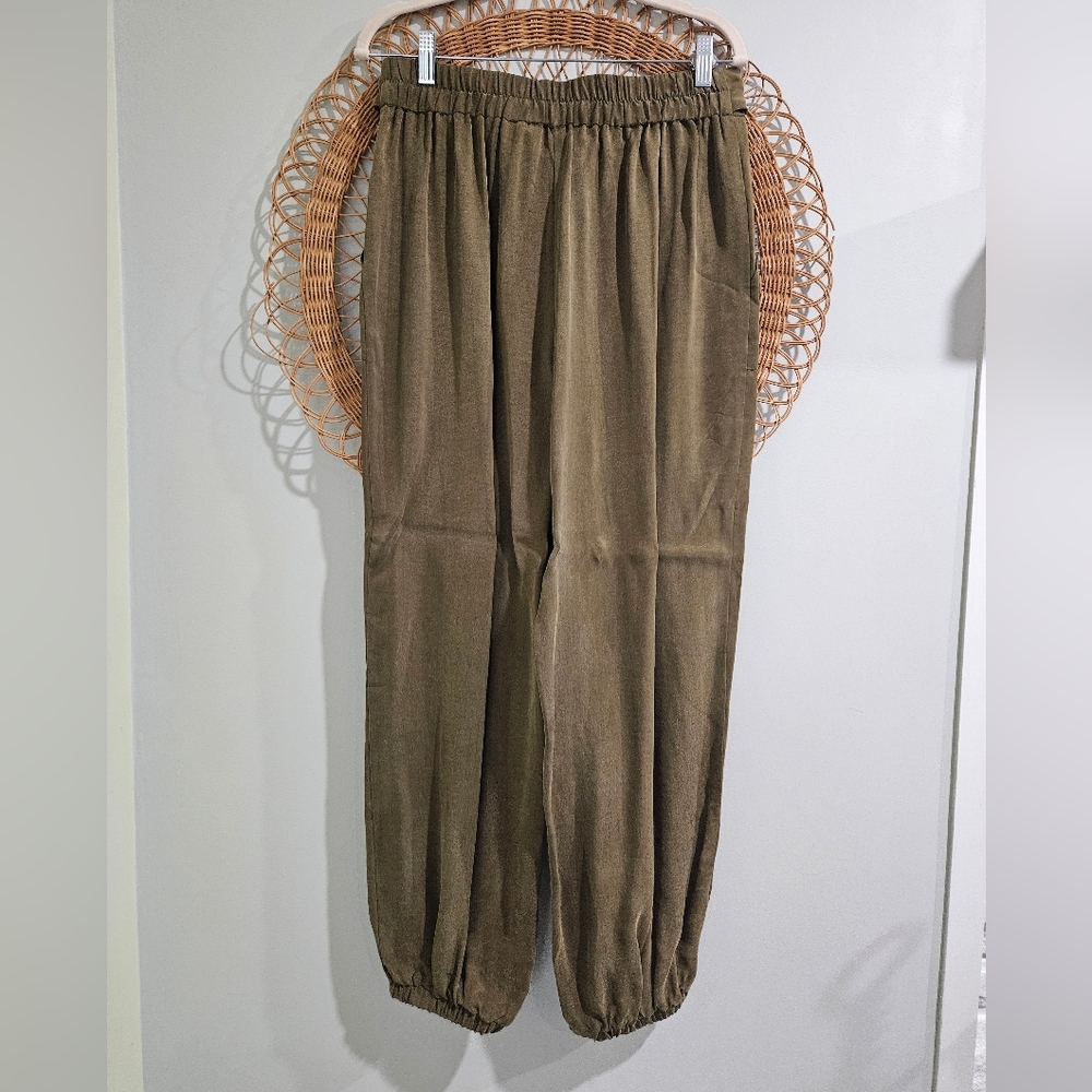 Intermix Lindy Tie-Waist Pants Olive Green Satin Jogger Size 8 - Picture 7 of 9